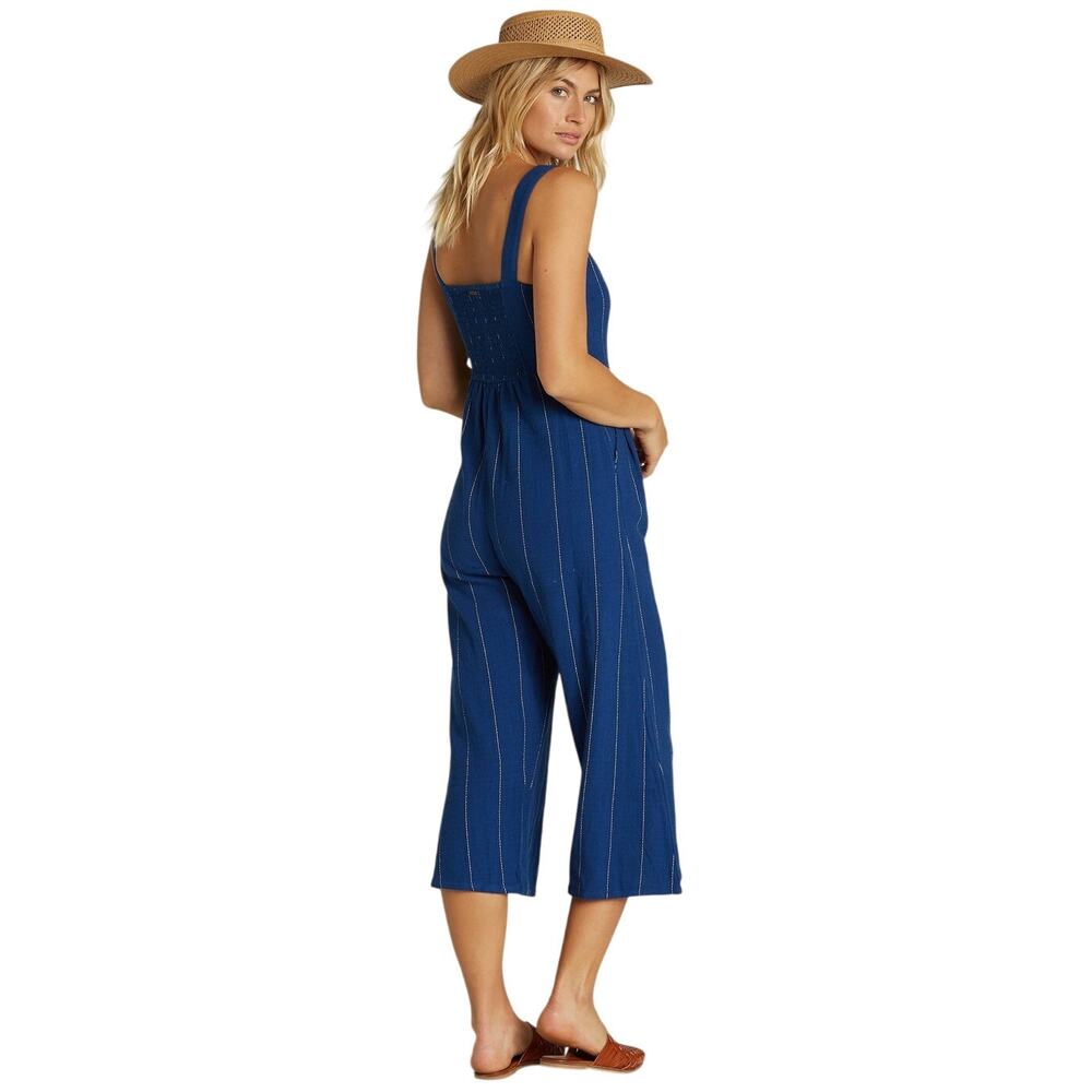 Billabong Paint The Town Jumpsuit XS Blue Striped Wide Leg Cotton Cropped - Picture 2 of 16